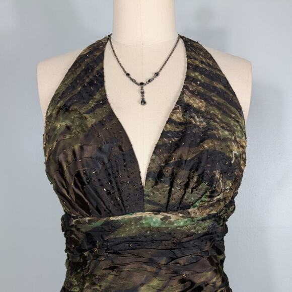Vtg Prom Dress Maxi Gown 8 Brown Green Silk Y2K Fairy Grunge Bead Nymph Halter - Picture 3 of 16